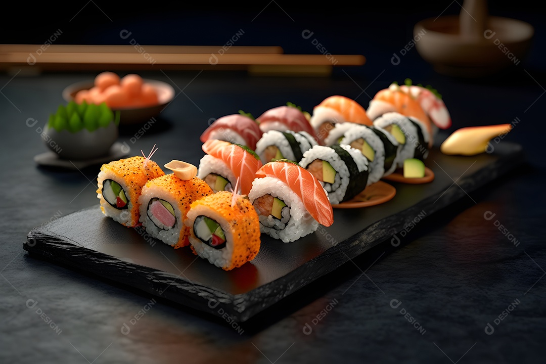 Prato com variedades de sushi sobre a mesa