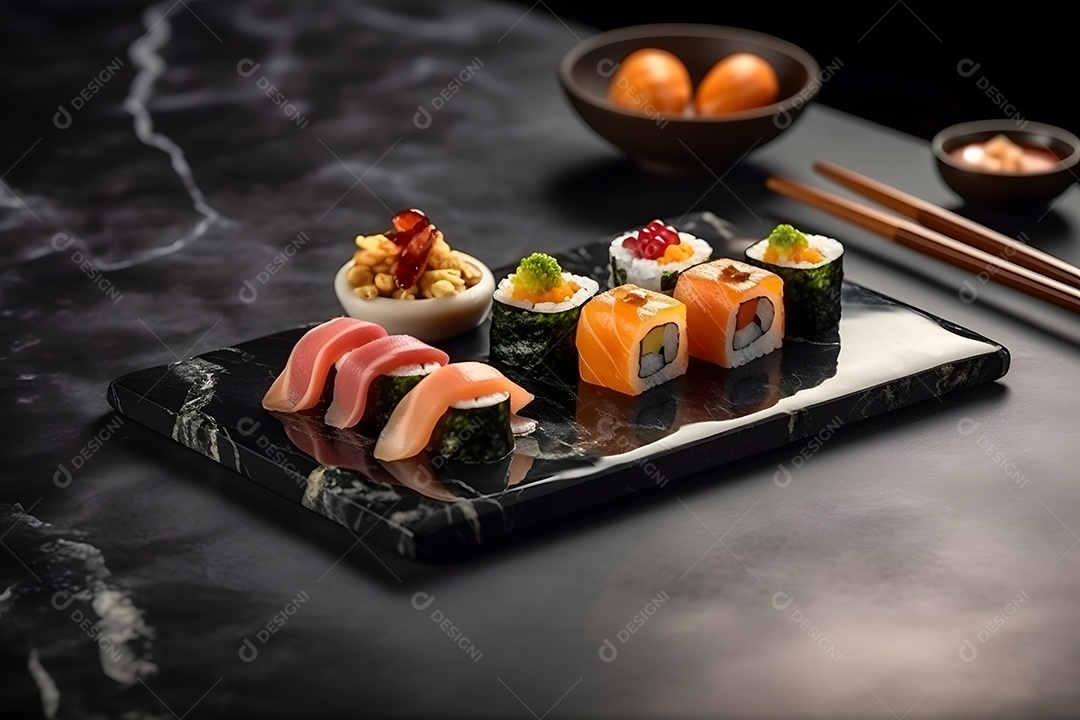 Prato com variedades de sushi sobre a mesa