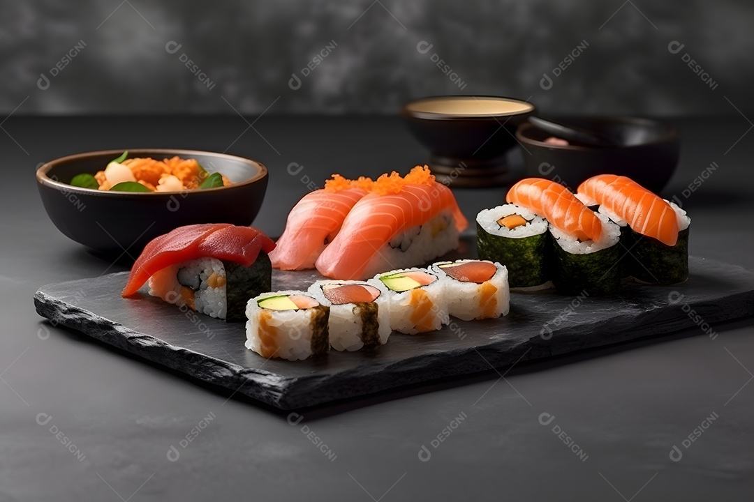 Prato com variedades de sushi sobre a mesa