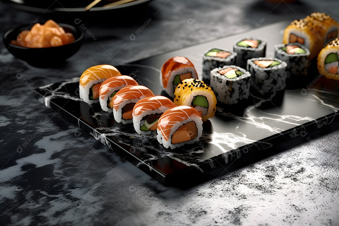 Prato com variedades de sushi sobre a mesa