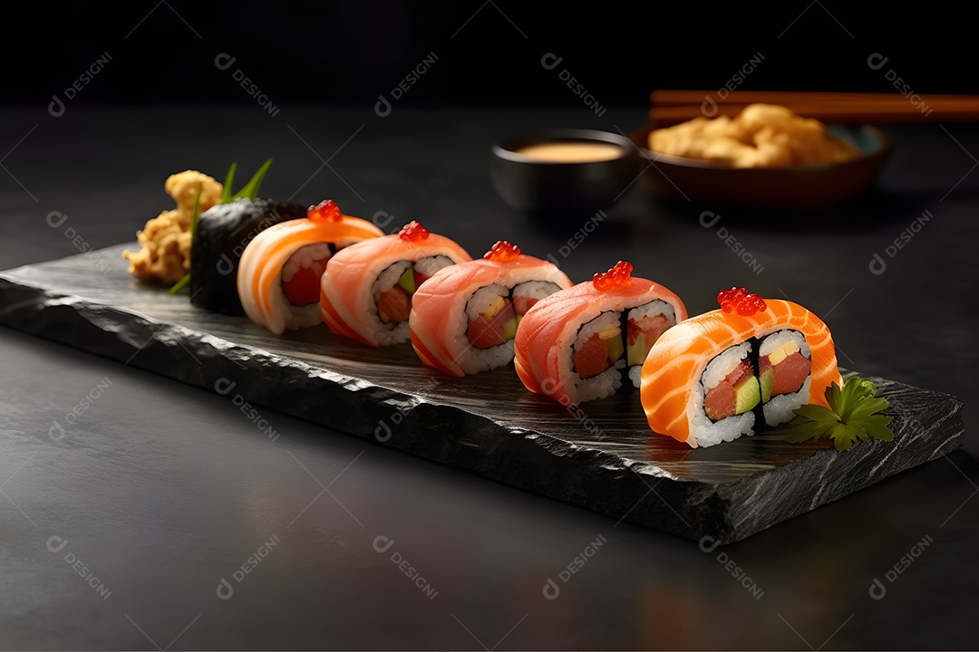 Prato com variedades de sushi sobre a mesa