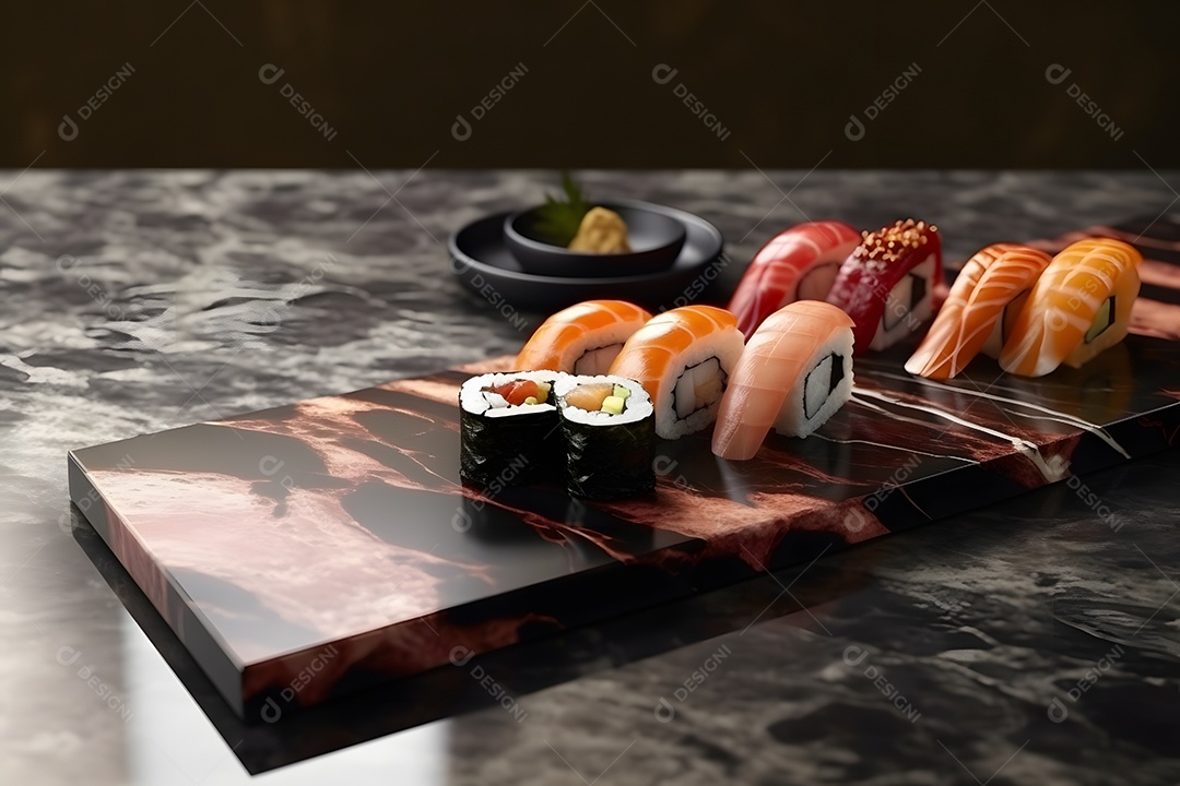 Prato com variedades de sushi sobre a mesa