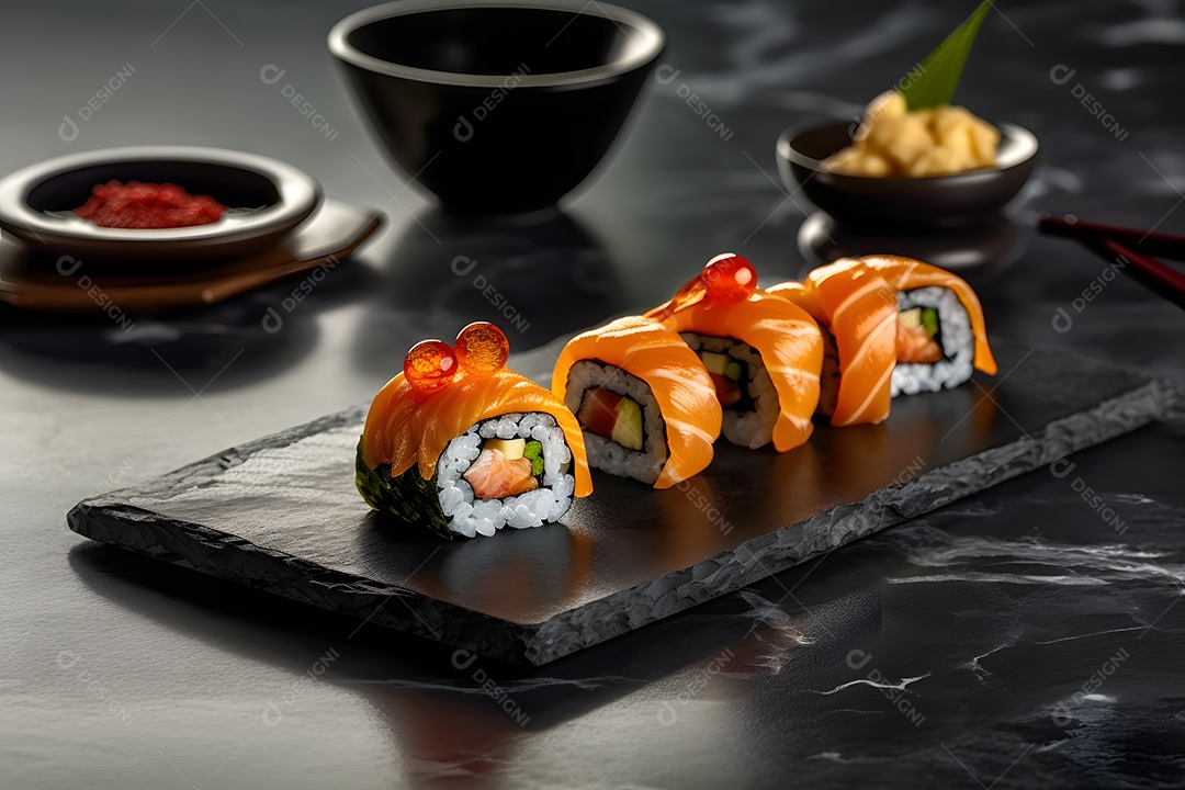 Prato com variedades de sushi sobre a mesa