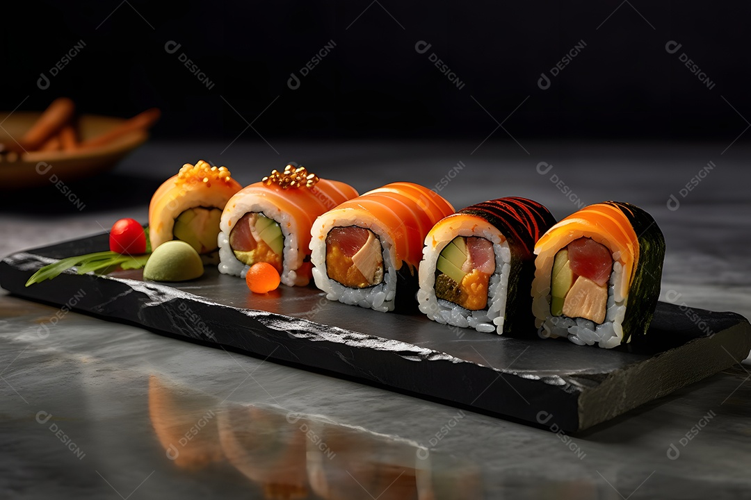 Prato com variedades de sushi sobre a mesa