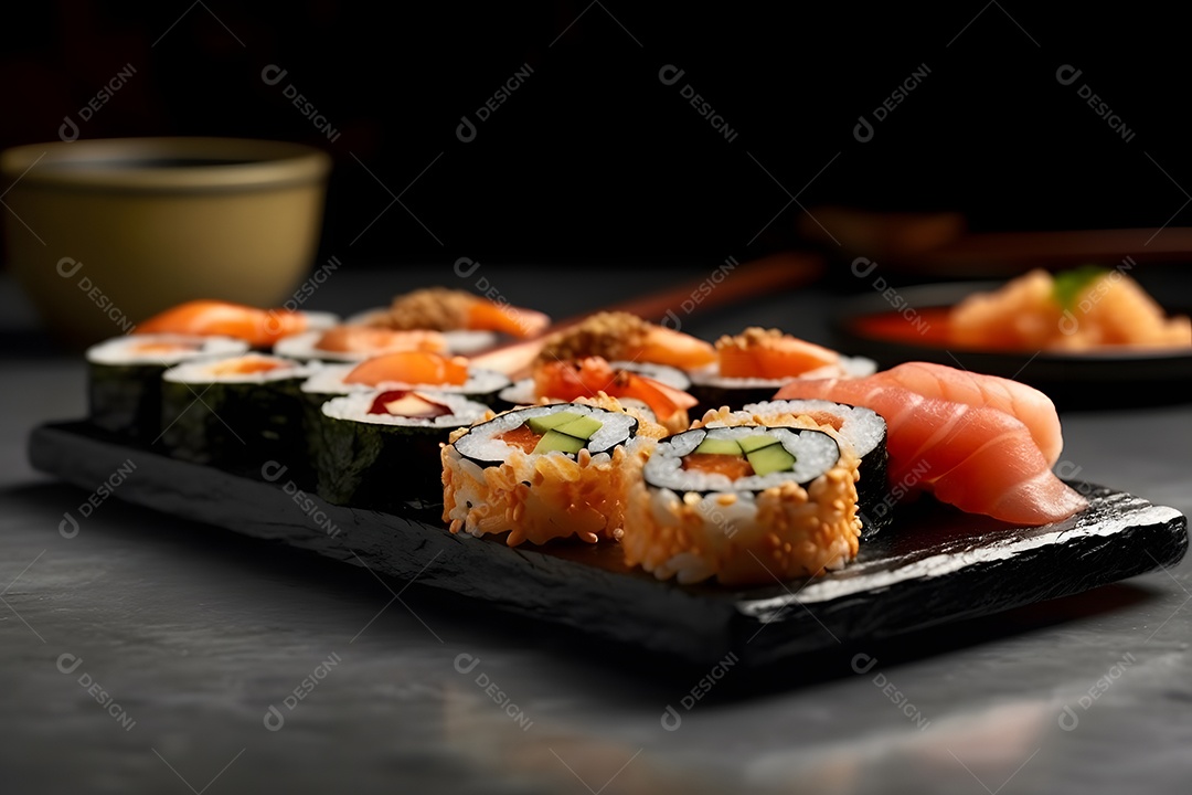 Prato com variedades de sushi sobre a mesa