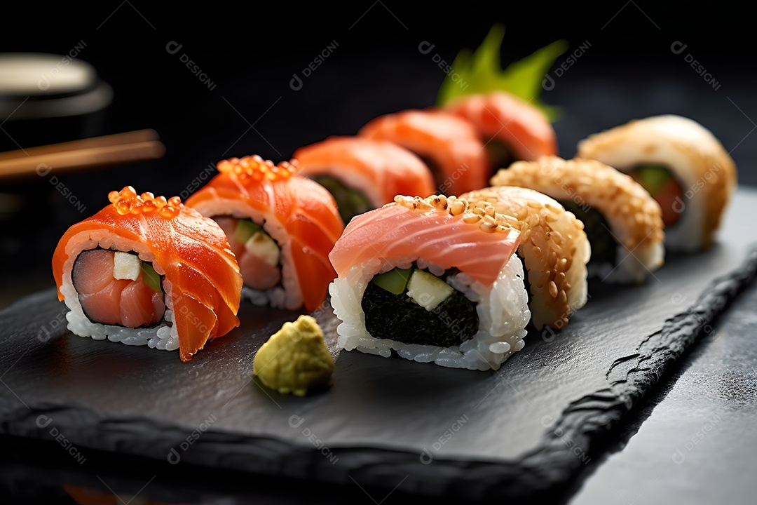 Prato com variedades de sushi sobre a mesa