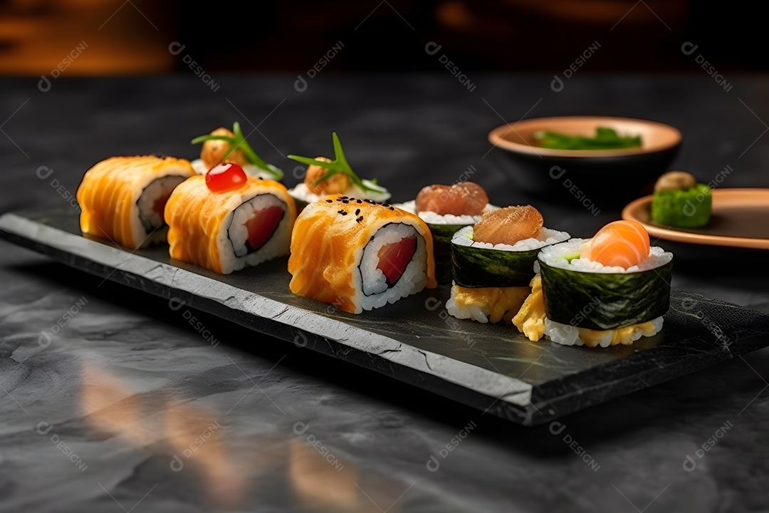 Prato com variedades de sushi sobre a mesa