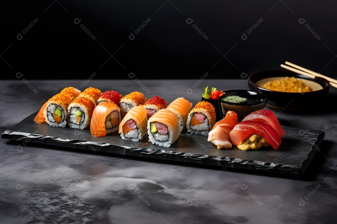 Prato com variedades de sushi sobre a mesa