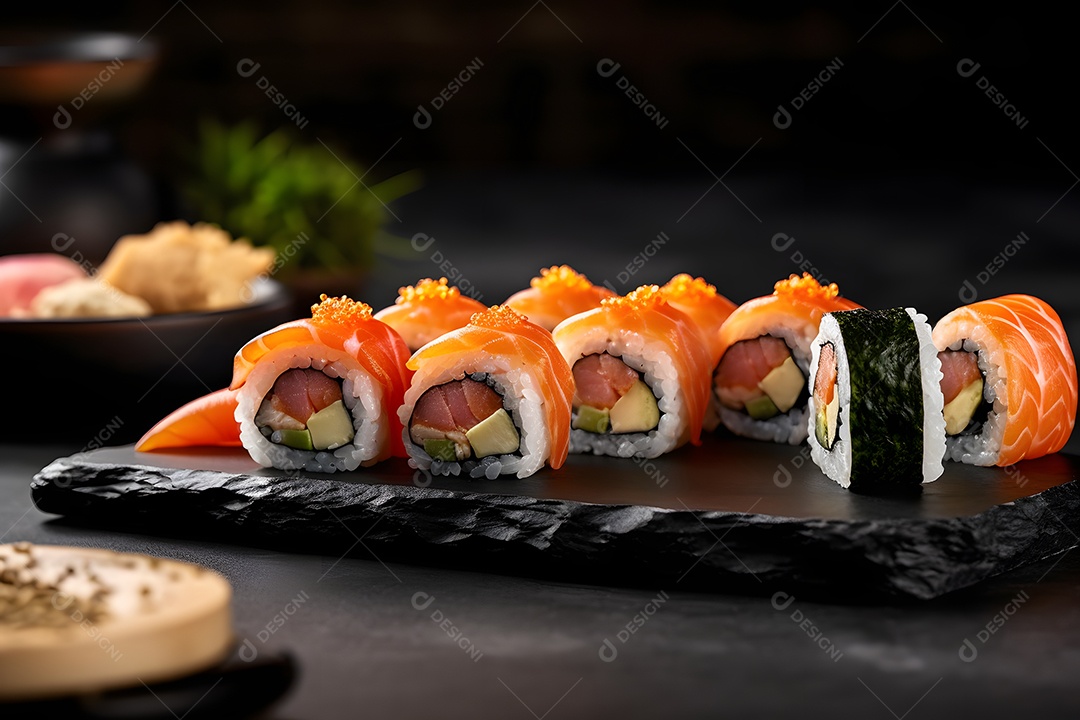 Prato com variedades de sushi sobre a mesa