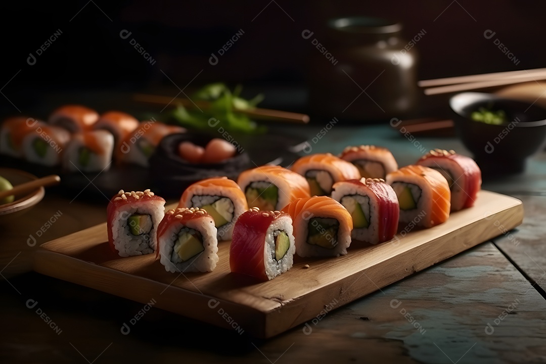 Prato com variedades de sushi sobre a mesa