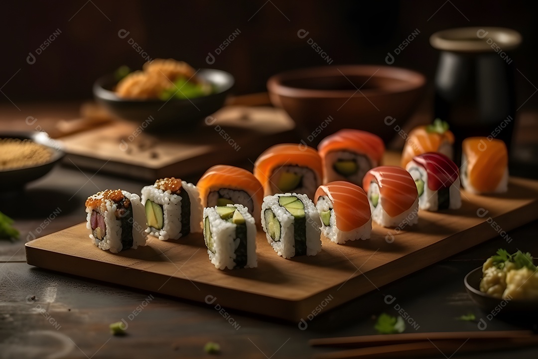 Prato com variedades de sushi sobre a mesa