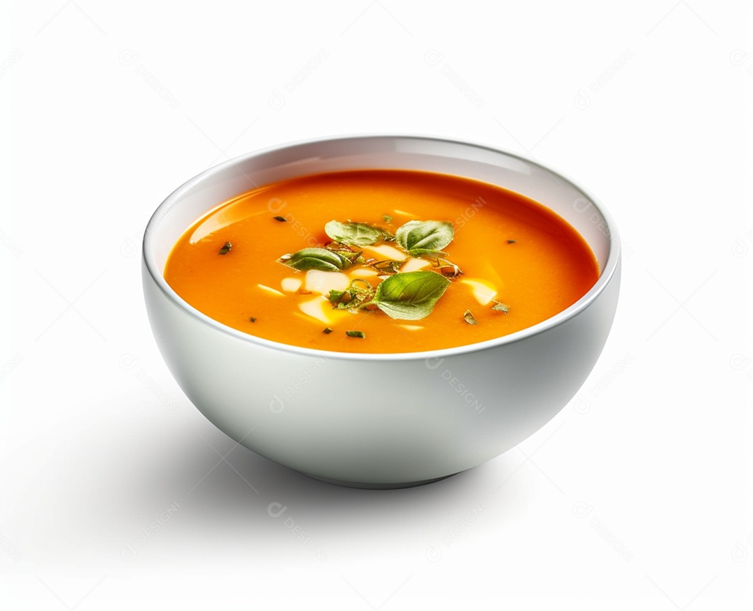 Tigela com deliciosa sopa em fundo branco