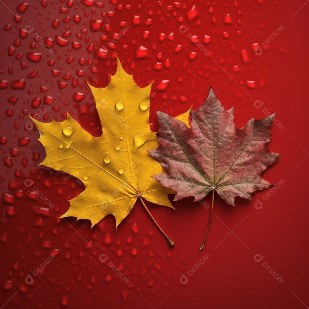 Detalhes de duas folhas marrom e amarela em fundo vermelho