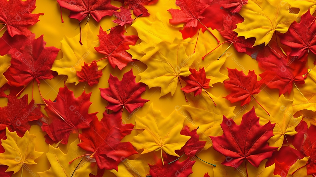 Detalhes de duas folhas marrom e amarela em fundo vermelho