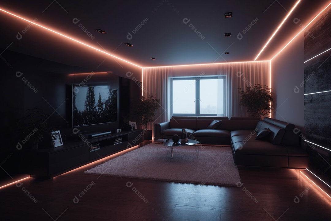 Linda sala de estar moderna e comfortável iluminada por led