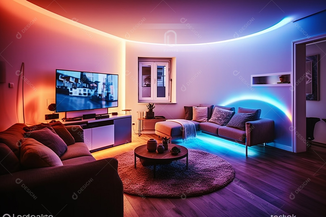 Linda sala de estar moderna e comfortável iluminada por led