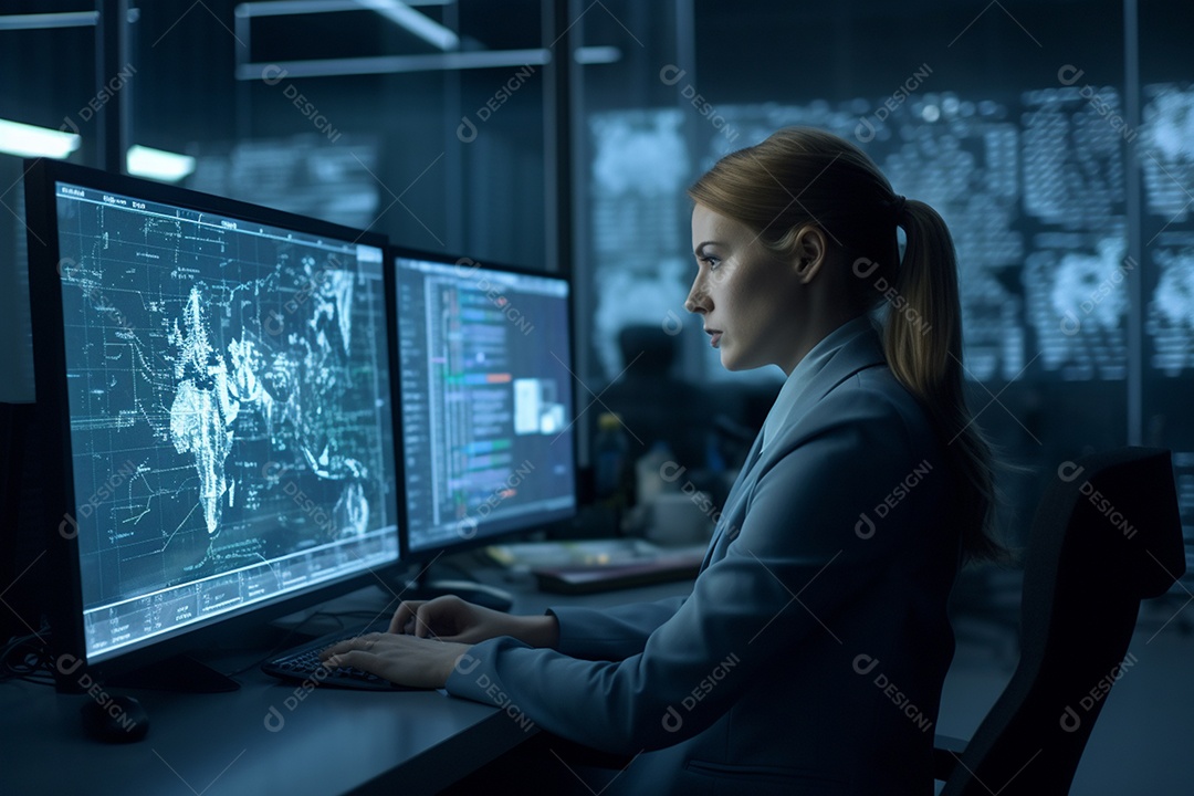 Bela empresária navegando por tecnologia digital legais em computador IA