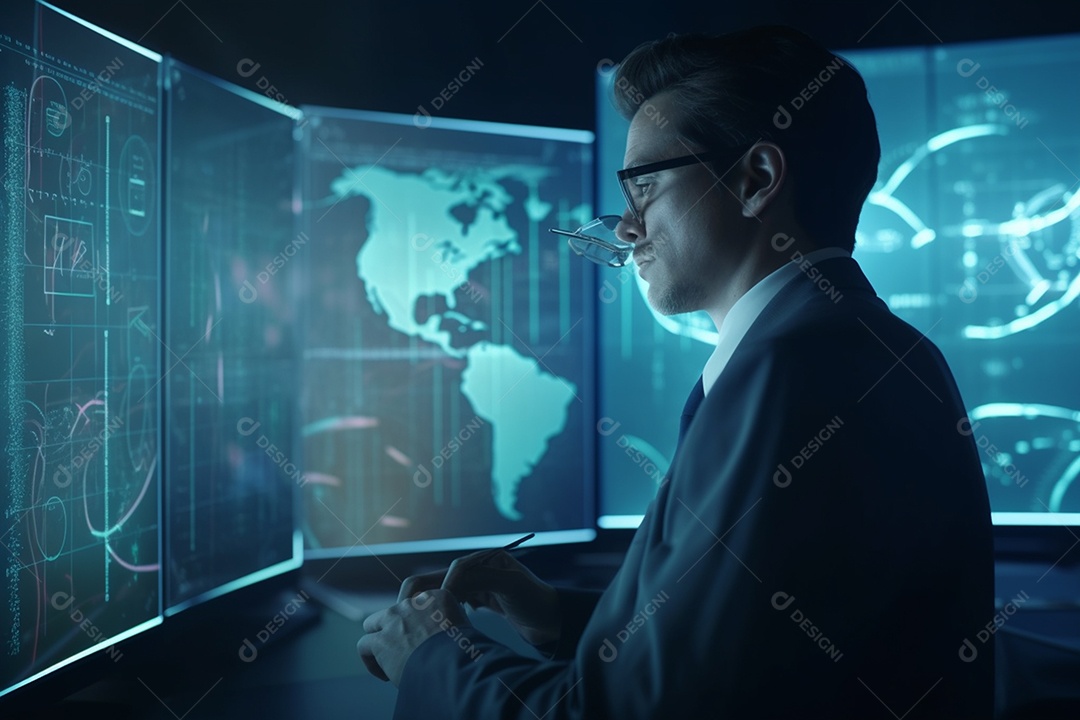 Belo empresário navegando por tecnologia digital legais em computador IA