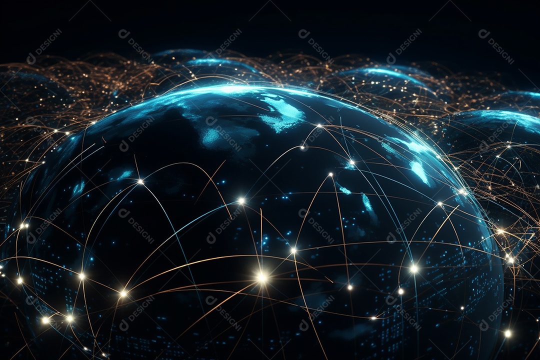 Linhas de conexão ao redor da superfície da terra tecnologia futura  IA