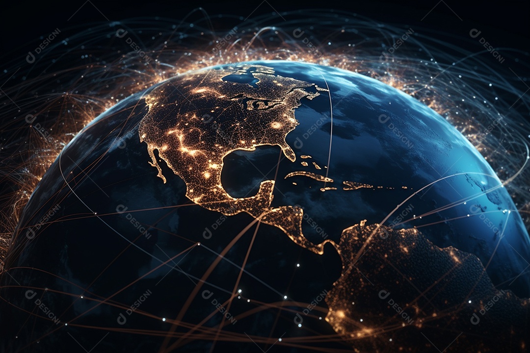 Linhas de conexão ao redor da superfície da terra tecnologia futura  IA