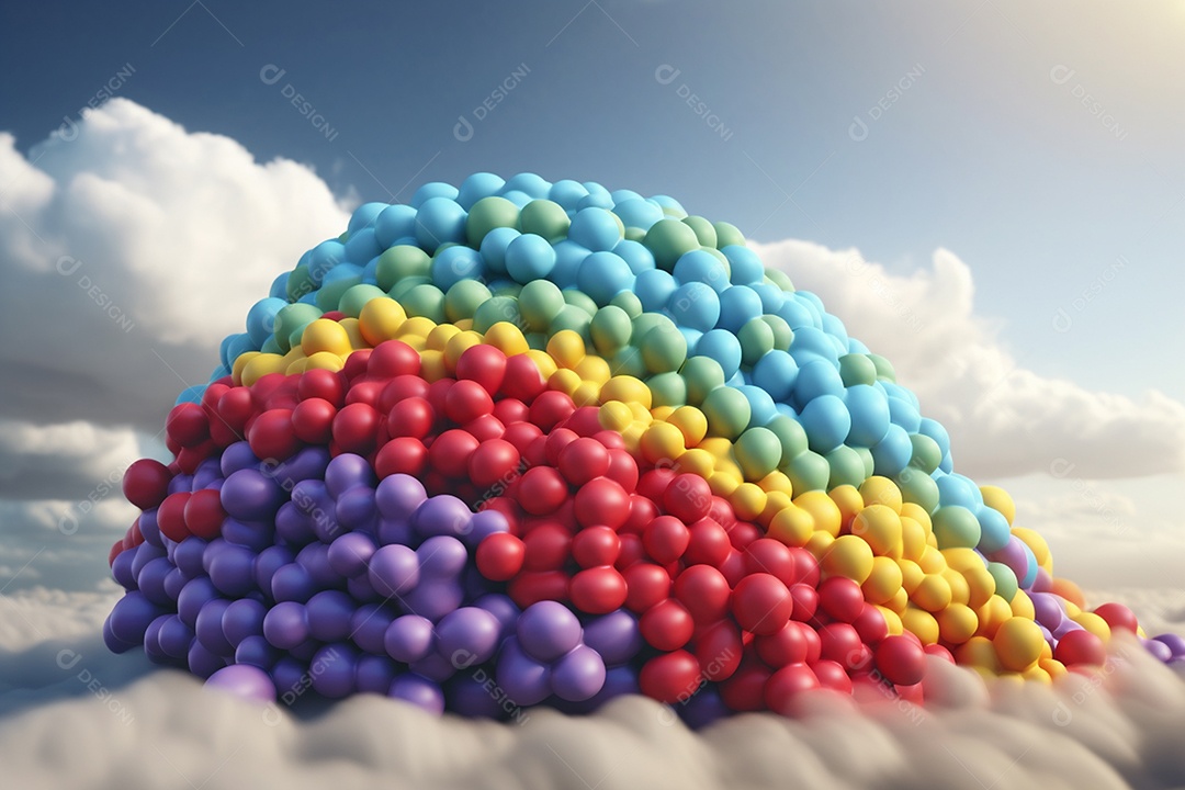 Balões coloridos arco íris ilustração abstrata 3d sobre nuvens IA
