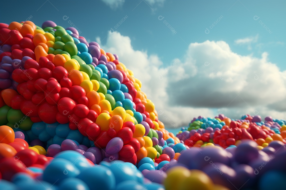 Balões coloridos arco íris ilustração abstrata 3d sobre nuvens IA