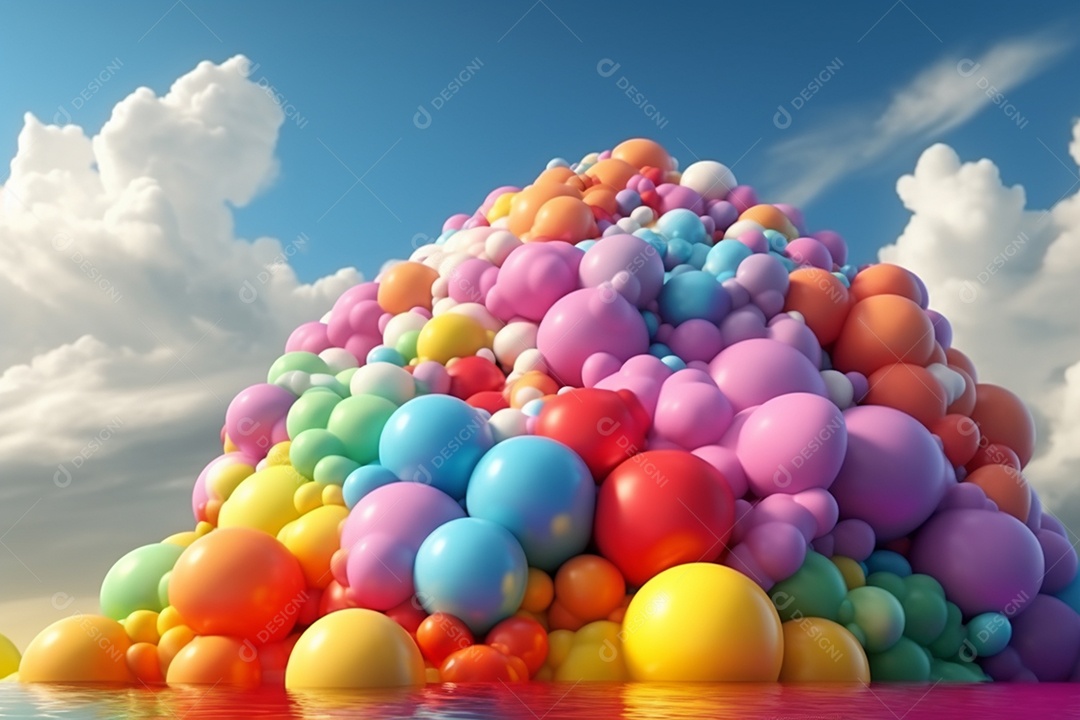 Balões coloridos arco íris ilustração abstrata 3d sobre nuvens IA