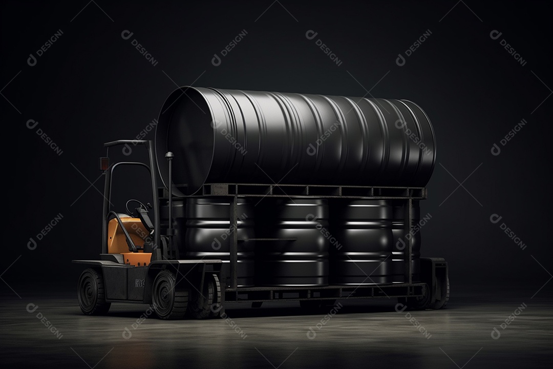 Empilhadeira industrial com tambores de óleo para armazém sobre fundo escuro isolado