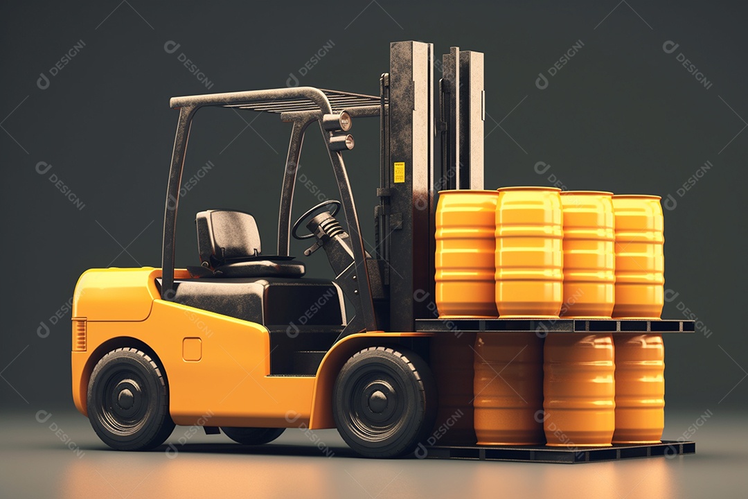 Empilhadeira industrial com tambores de óleo para armazém sobre fundo escuro isolado