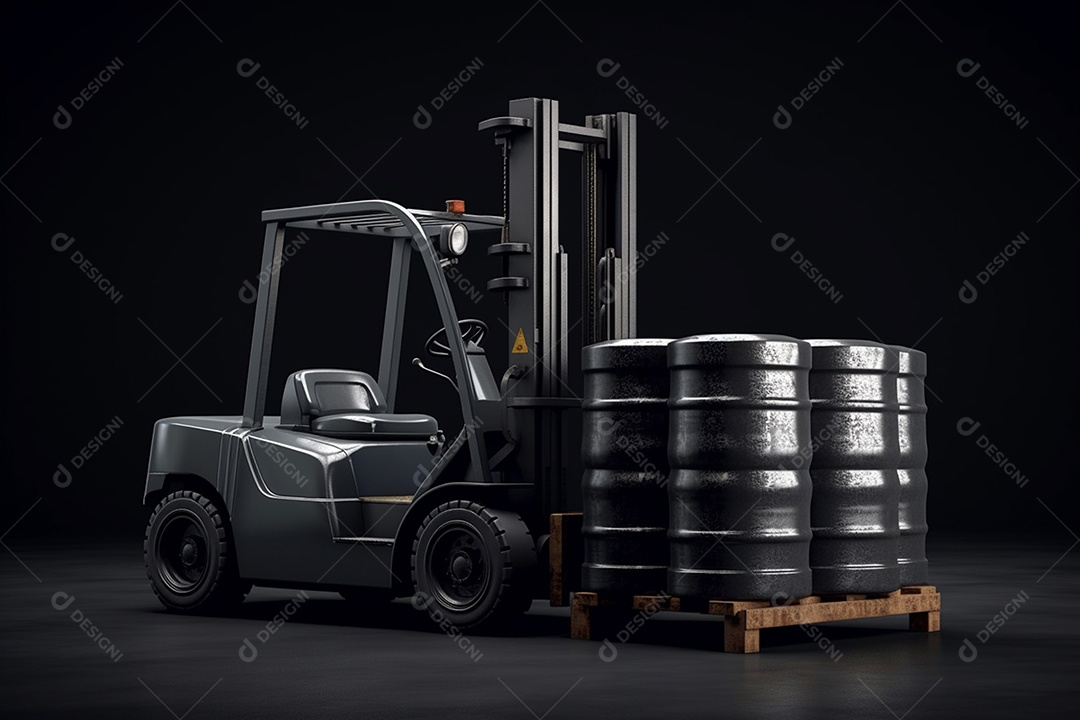 Empilhadeira industrial com tambores de óleo para armazém sobre fundo escuro isolado