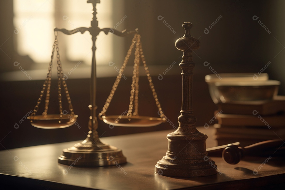 Martelo de juiz e balanças da justiça no salão de tribunal sobre mesa de madeira