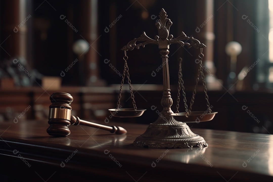 Martelo de juiz e balanças da justiça no salão de tribunal sobre mesa de madeira