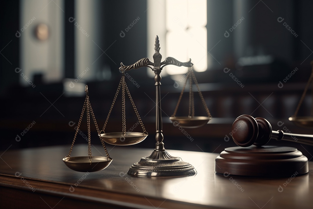 Martelo de juiz e balanças da justiça no salão de tribunal sobre mesa de madeira