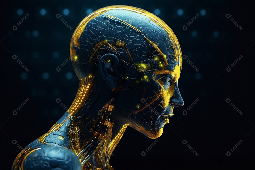 Vista lateral de uma cabeça humanóide com circuitos azul e amarelo IA