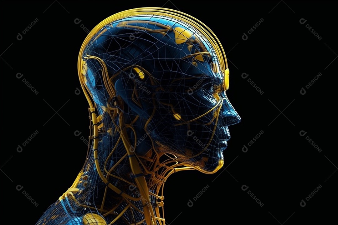 Vista lateral de uma cabeça humanóide com circuitos azul e amarelo IA