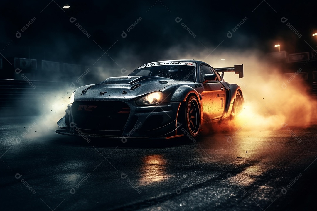 Lindo carro esportivo fazendo drift com queima de pneus fazendo fumaça sobre fundo escuro
