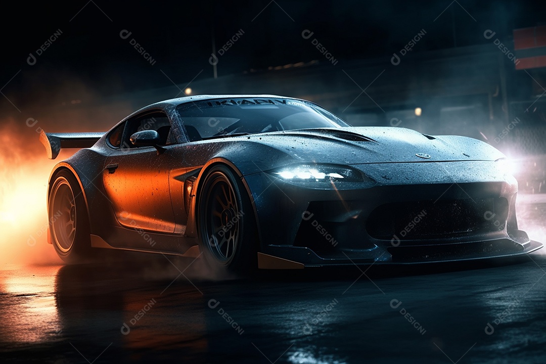 Lindo carro esportivo fazendo drift com queima de pneus fazendo fumaça sobre fundo escuro