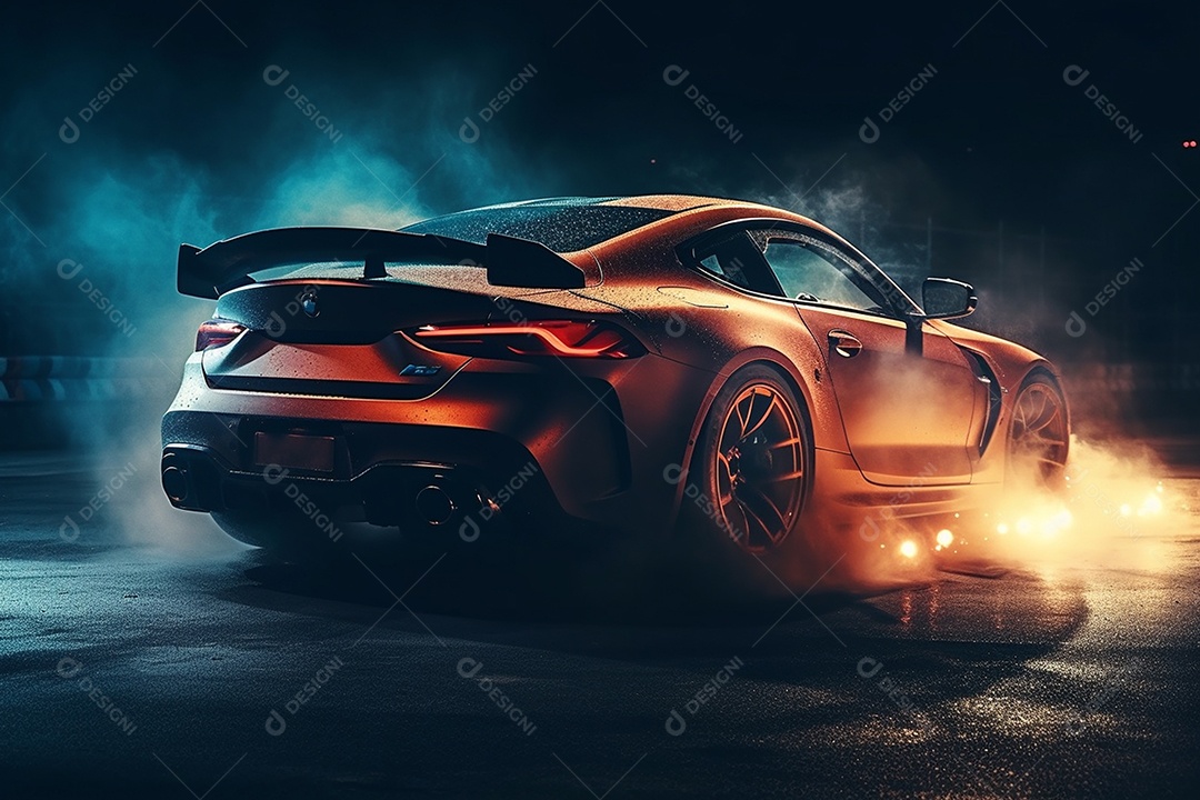 Lindo carro esportivo fazendo drift com queima de pneus fazendo fumaça sobre fundo escuro
