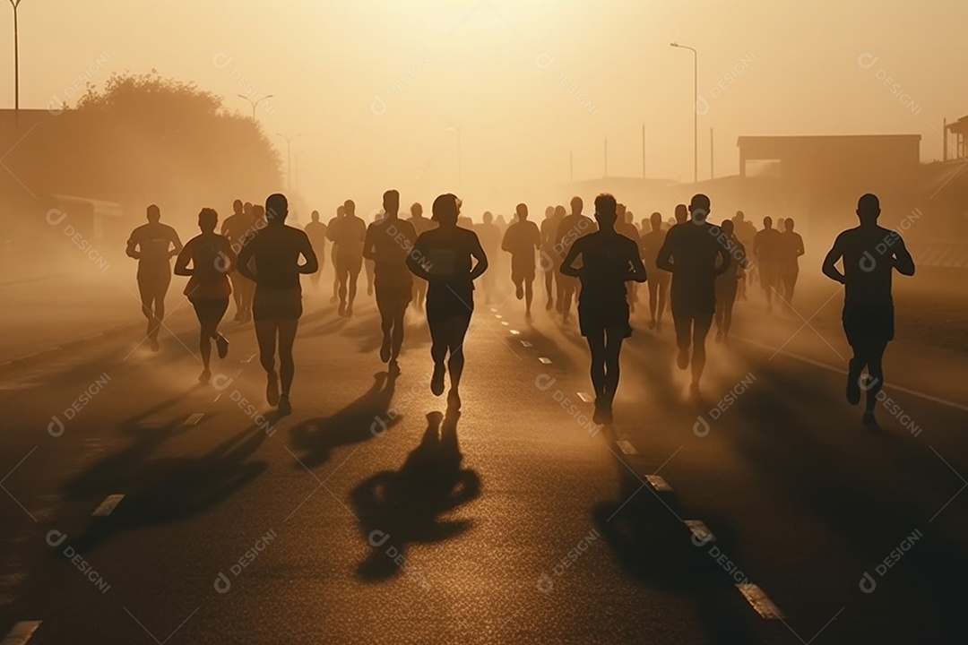 Grupo de corredores correndo ao nascer do sol sobre pista de asfalto
