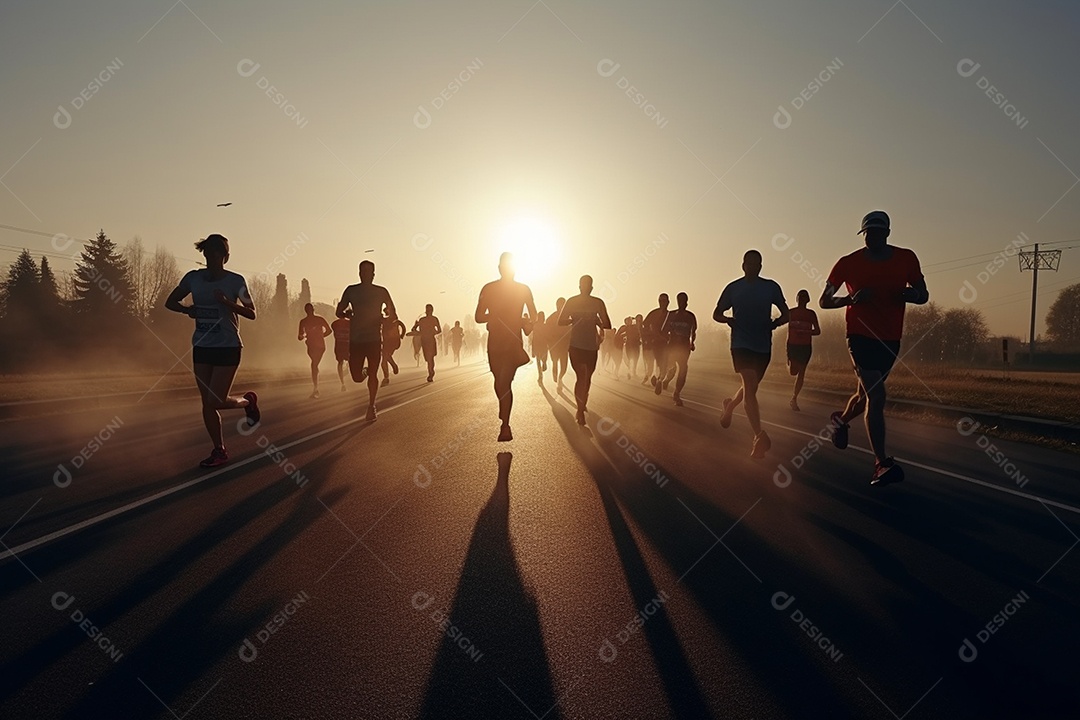 Grupo de corredores correndo ao nascer do sol sobre pista de asfalto