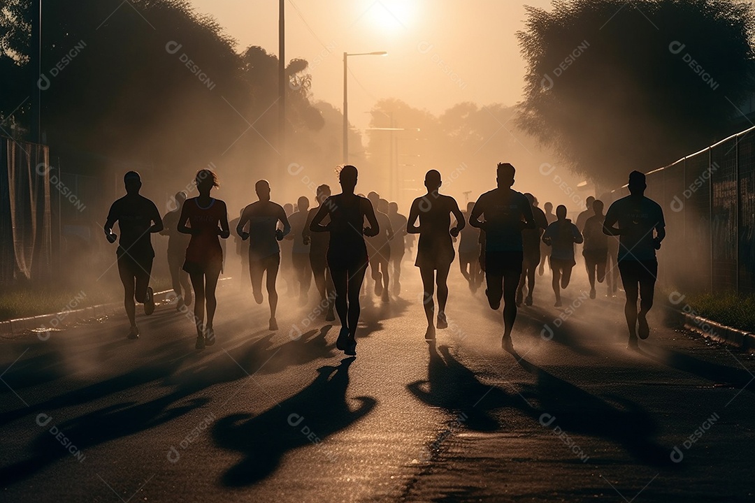 Grupo de corredores correndo ao nascer do sol sobre pista de asfalto