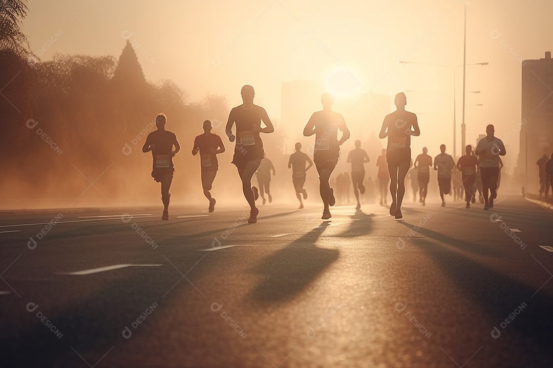 Grupo de corredores correndo ao nascer do sol sobre pista de asfalto