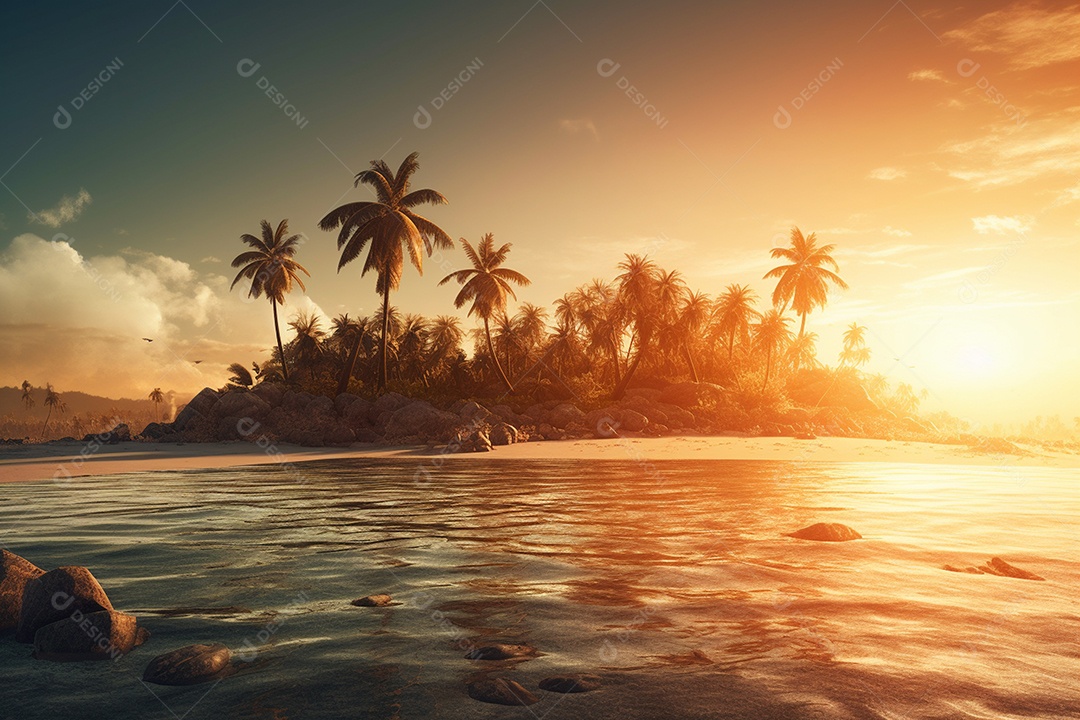 Ilha tropical praia com palmeiras ao pôr do sol