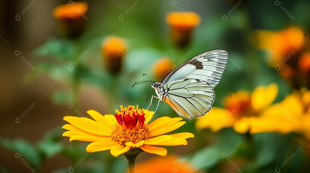 Linda borboleta sobre flor amarela no jardim