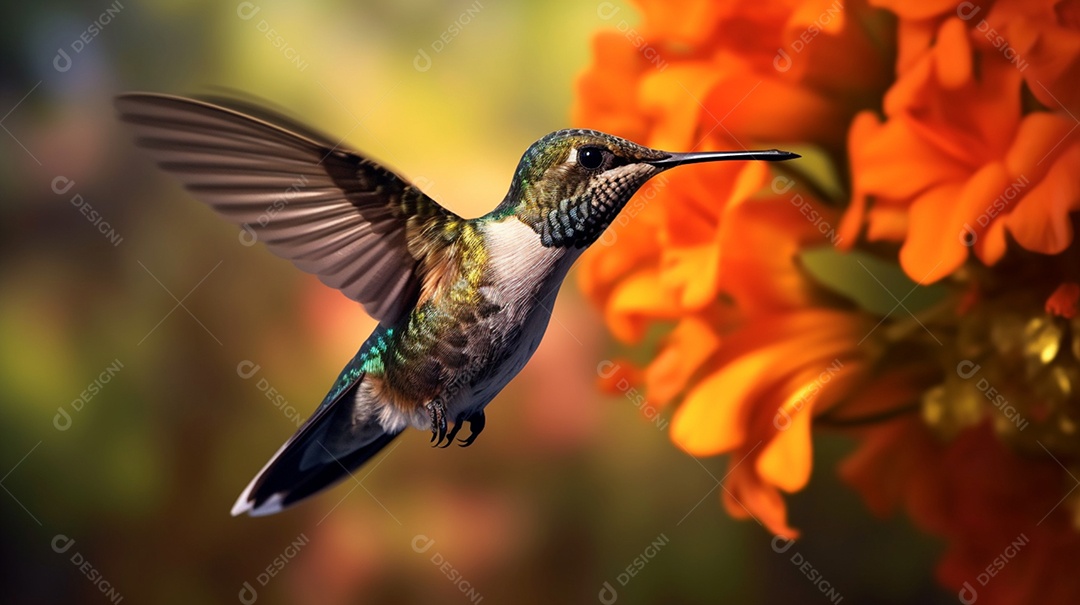 Beija flor sobre flores do jardim