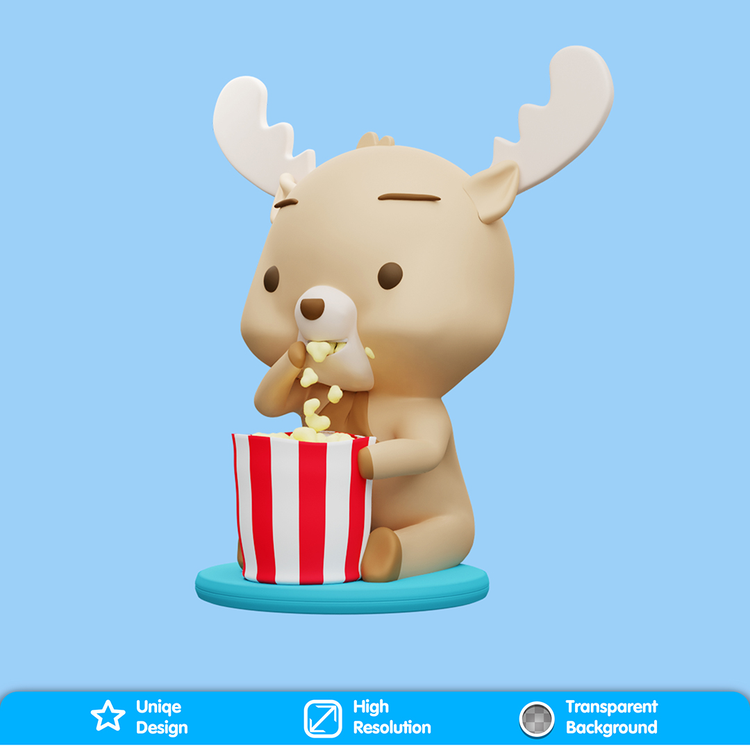 Alce Comendo Pipocas 3D para Composição PSD