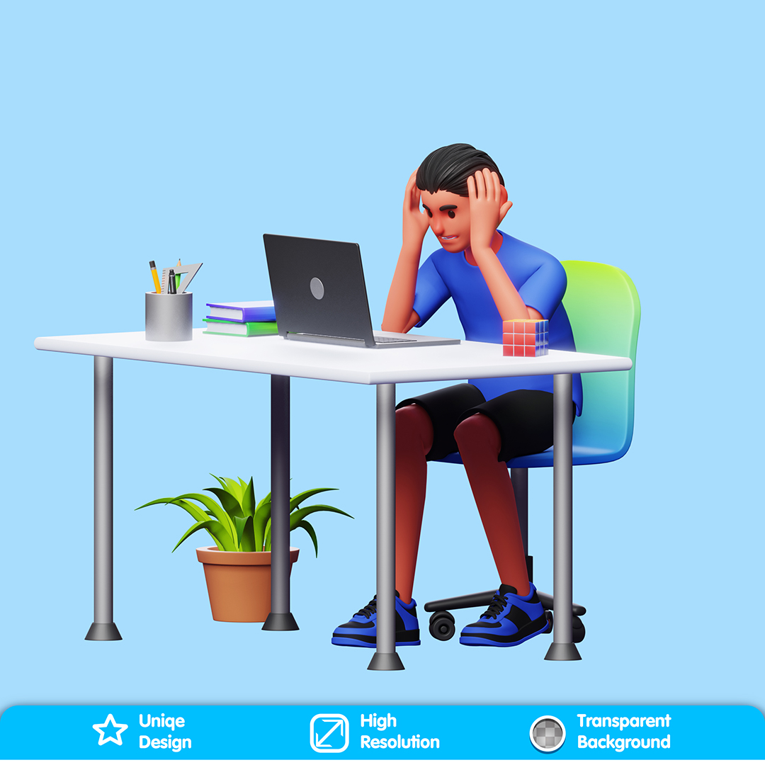 Personagem Preocupado Olhando O Computador Elemento 3D Composição PSD