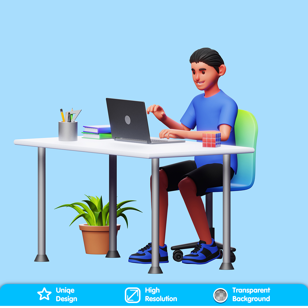 Personagem Mexendo Computador Elemento 3D Composição PSD