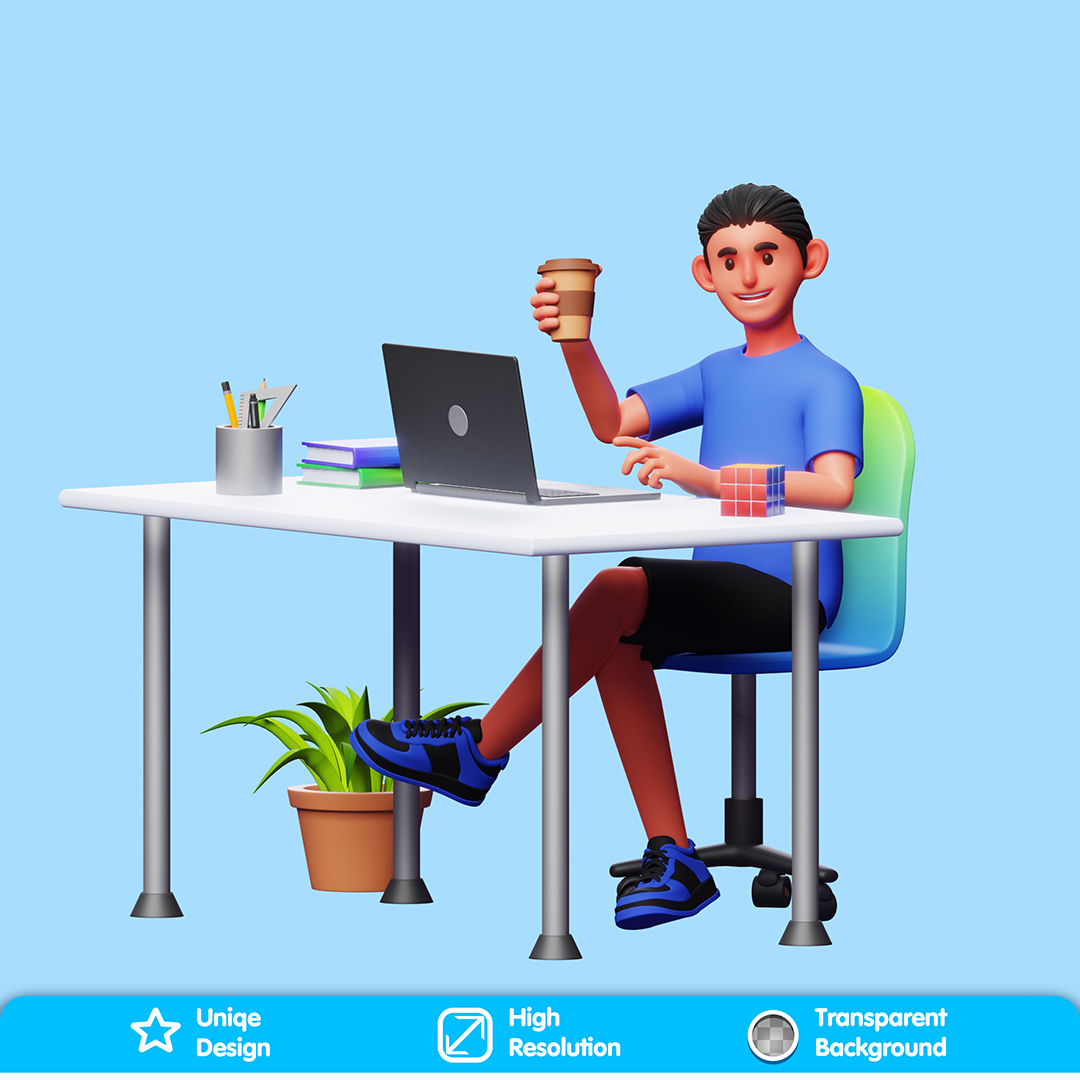 Personagem Tomando Café Na Frente Do Computador Elemento 3D Composição PSD