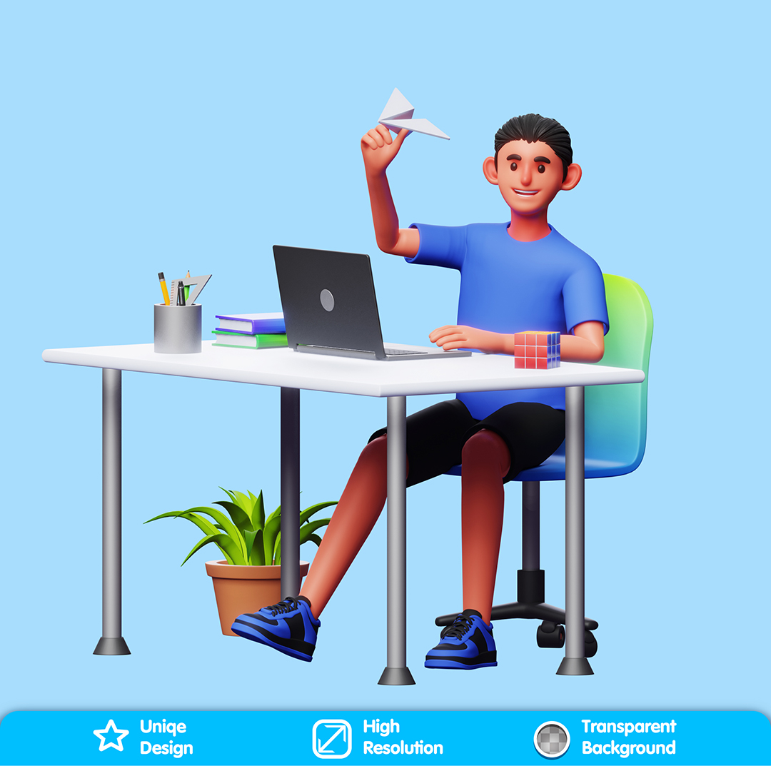 Personagem Jogando Aviãozinho  Na Frente Do Computador Elemento 3D Composição PSD